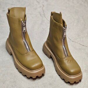 Chunky Sole Olive Green Leather Ankle Boots With Front Zipper And Lug Outsole Fo